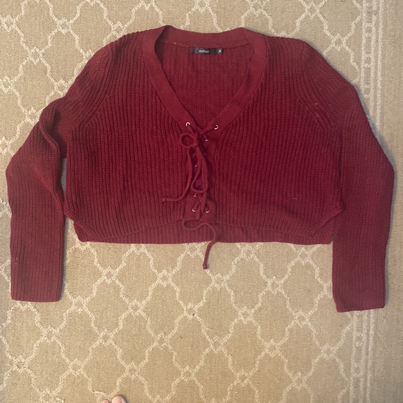 LF Burgundy lace up sweater - Picture 3 of 4